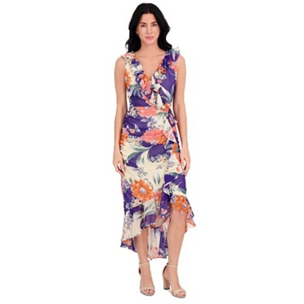 Kensie Floral Ruffle Faux Wrap Maxi Dress Purple Orange Sleeveless High Low Hem